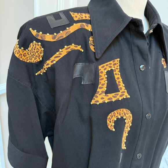 Cache Vtg 80s 90s Statement Leopard Leather Bomber Jacket Embellished Medium - Picture 3 of 6